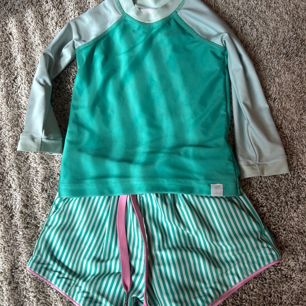 SweetHoney Mint Green Raglan Rash Guard with Striped Shorts